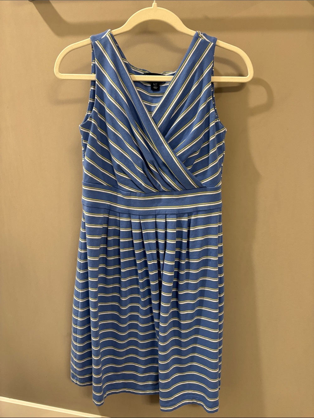 Lands’ End Blue White Yellow Striped Sleeveless Wrap Midi Dress Size 6-8